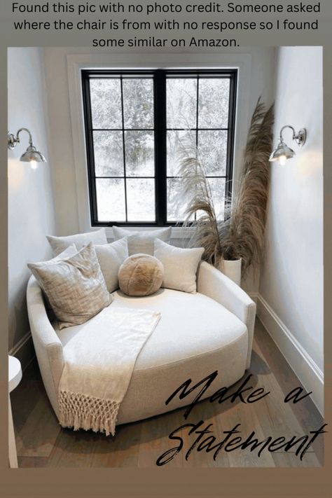 Autumn Aesthetic., Fall Aesthetic, Kaila Media Lounger. Circular loveseat with white upholstery, trendy round chair for reading nook or lounge area. #RoundSofaChair #CozyReadingCorner #FurnitureDupes fall decor ideas for the home